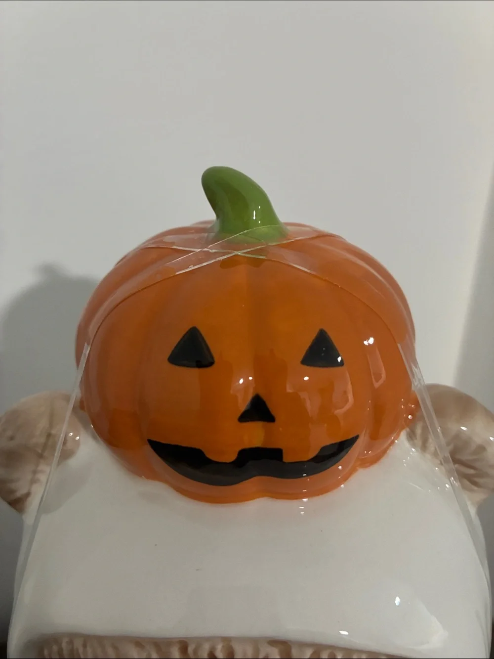 NWT- Halloween Ghost Bear Ceramic Cookie Jar- w/ Jack-o-lantern Pumpkin Handle